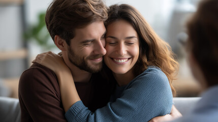 Obraz premium Caucasian young adult man embracing Caucasian young adult woman on couch both smiling with closed eyes sitting together during therapy session with therapist in foreground