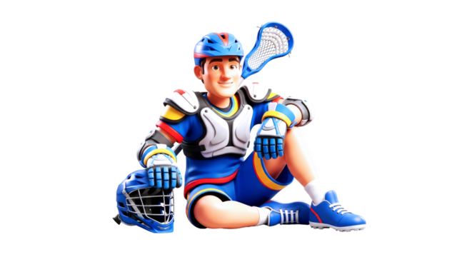 3d cartoon lacrosse player relaxed pose, ready for action, game asset, sports visuals, isolated on transparent background