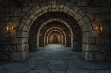 Obraz premium Medieval fortress passageway illuminated with stone arches in a historic palace setting