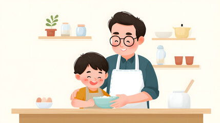 Father Teaching Child to Cook Thai Dessert or Christmas Cookies