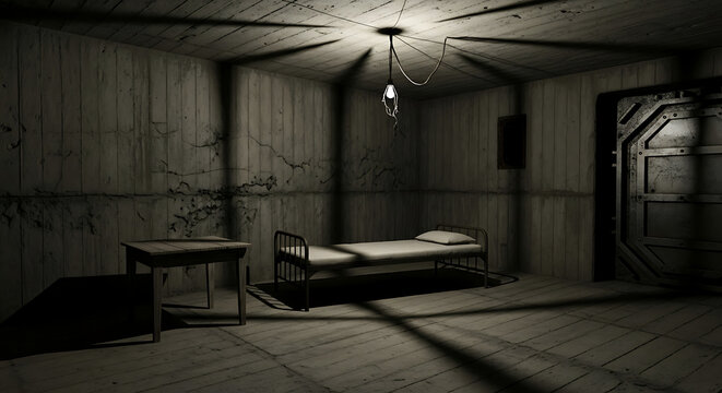 Stark dimly lit prison cell with metal bed and wooden table. - Powered by Adobe