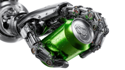 Robotic Grip on Refreshment: A sleek, chrome robotic hand firmly clutches a vibrant green soda can, sparking curiosity and a futuristic appeal. 