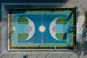 Aerial view of outdoor playground with blue and green basketball court, play structure, volleyball court, and rope net, all surrounded by metal fence in recreational area