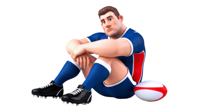 3d cartoon rugby player contemplative defeat, quiet strength, unsung hero, isolated on transparent background