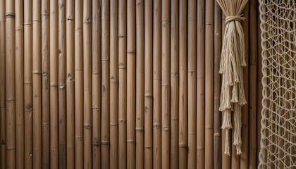 close up view of natural bamboo wall with decorative handcrafted rope elements alongside the