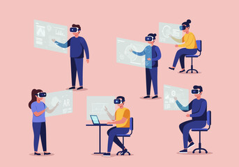 A group of people wearing VR headsets interact with virtual screens, some sitting, one using a laptop, on a light pink background.