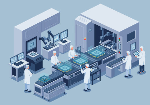 Isometric view of a modern chip manufacturing facility with robotic arms and workers in white lab coats.
