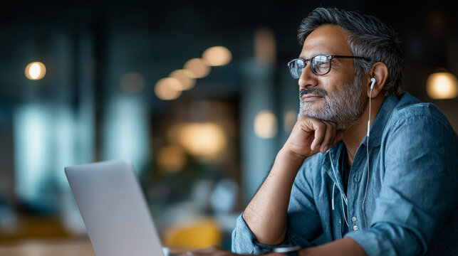 Middle aged South Asian man sitting at desk working on laptop wearing eyeglasses and wireless earphones resting chin on hand appearing focused in modern office setting focused - Powered by Adobe