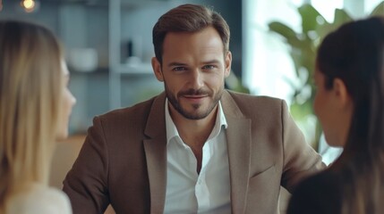Confident businessman in a meeting with diverse women in a modern office