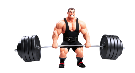 powerful cartoon weightlifter intense focus, maximum effort, strength personified, isolated on transparent background