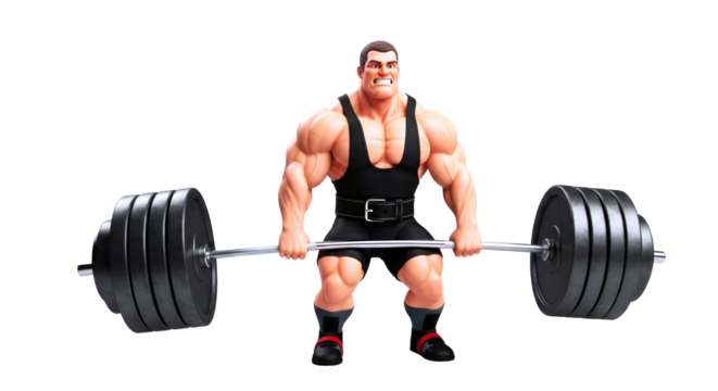 powerful cartoon weightlifter intense focus, maximum effort, strength personified, isolated on transparent background