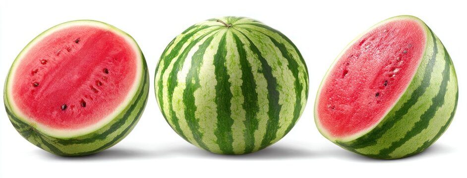 A trio of watermelons, one whole, two sliced to reveal vibrant pink flesh and seeds, against a clean white background - Powered by Adobe