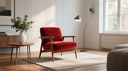 Stylish modern interior with a red velvet armchair, standing lamp, wooden side table, and decorative vase. Warm, cozy, and minimalist Scandinavian-inspired design.