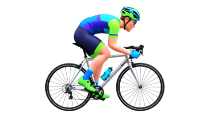cartoon cyclist in dynamic pose speed, energy, and thrilling race day, isolated on transparent background