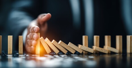 Hand stopping dominoes; conceptual for risk management, protection, or preventing a chain reaction on a dark, reflective surface