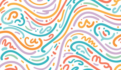 Colorful abstract curved doodle seamless pattern with vibrant wavy lines for modern background, kids fabric, and decoration