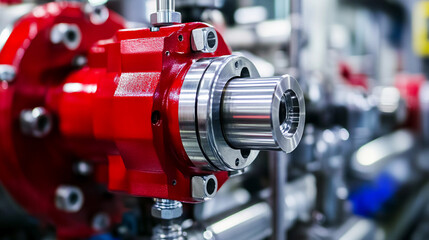 Close-up of a red industrial pump component in a factory setting Generative AI