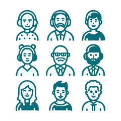 People Faces and Avatars  Line Icon Set. Collection of 9 Minimal Vector Character Profiles