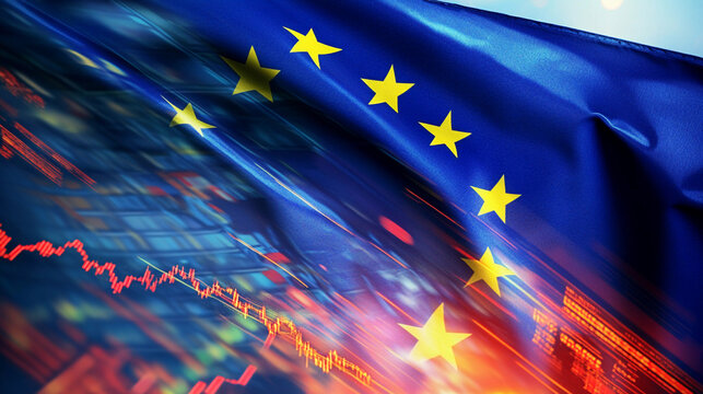 EU flag waving with digital data background at dusk Generative AI