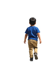 young boy walking in color cloths, back view on a transparent background