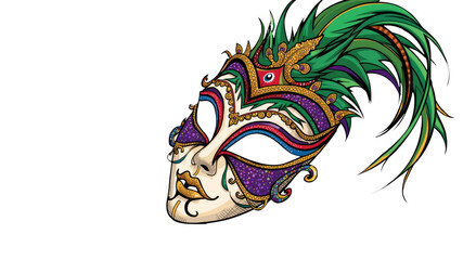 Ornate Venetian Mask with Green Feather - Festive Carnival Design