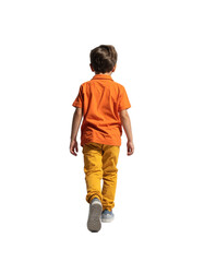 young boy walking in color cloths, back view on a transparent background