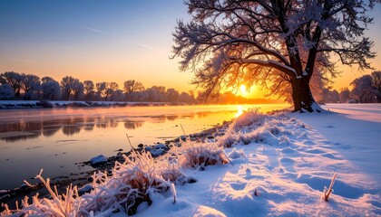 Snowy winter sunrise over a river.  Frosty landscape with a large tree silhouetted against the golden sun