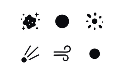 flat black solid icon items isolated on white background: dust particle tiny sphere floating dot light ray air swirl micro speck