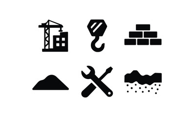 flat black solid icon items isolated on white background: building site crane hook stacked bricks soil base tool icon ed ground