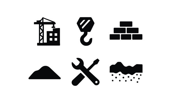 flat black solid icon items isolated on white background: building site crane hook stacked bricks soil base tool icon ed ground