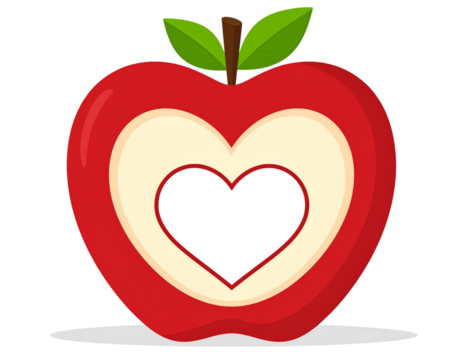 Flat Vector Apple with Heart Symbol Inside, “An Apple a Day” Health Icon, Minimalist Design, isolated on transparent background PNG