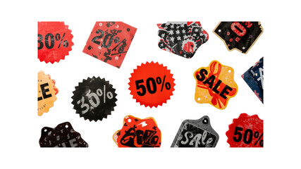 Colorful Sale Tags and Labels Floating on Transparent Background