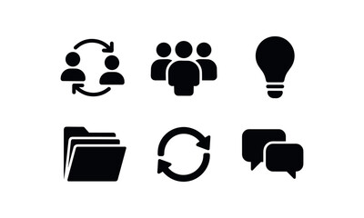 flat black solid icon items isolated on white background: collaboration group figures light bulb folder stack arrow loop chat bubbles