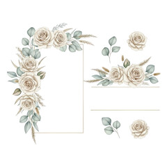 Cream rose and eucalyptus floral arrangement isolated on transparent background
