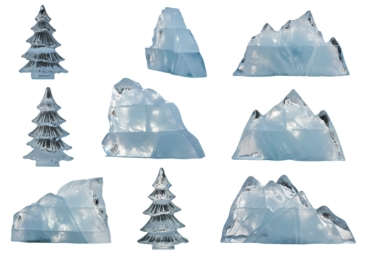 Winter Wonderland Elements: Ice Mountains and Pine Trees isolated on transparent background