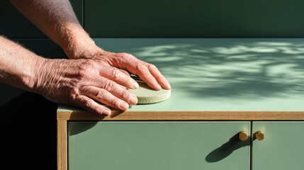 Elderly hands sanding wooden furniture surface in sunlit workshop