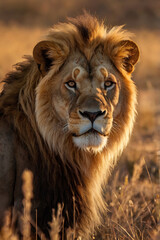 Fototapeta premium Lion in the golden light of the savannah. Symbol of strength and majesty. Nature. Art.