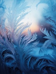 Obraz premium Intricate Frost Patterns Forming on a Window at Dawn With the Sun Rising in the Background Over a Winter Landscape