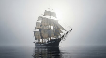 Fototapeta premium A majestic sailing vessel navigates through a tranquil, misty sea, showcasing a serene, historical ambiance.