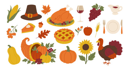 A collection of fall foods and decorations, including a pumpkin, a turkey, and a pie. Concept of warmth and abundance, as it features many traditional Thanksgiving foods and decorations
