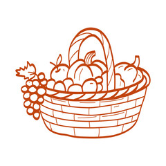 A drawing of a cornucopia with a variety of fruits and vegetables. The cornucopia is orange and has a cone shape. The fruits and vegetables include apples, oranges, and carrots