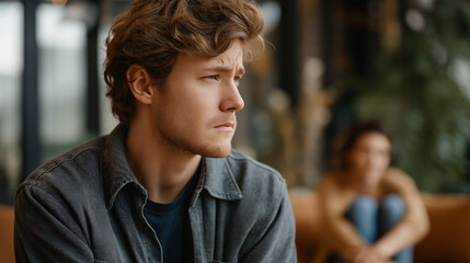 Caucasian young adult man standing in foreground looking away with serious expression upset girlfriend sitting on couch in background hugging knees appearing distressed relations