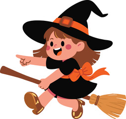 A friendly little witch with a happy smile soars through the Halloween night sky