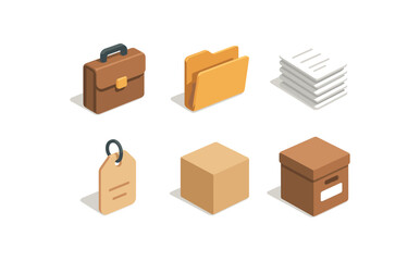 isometric icon items isolated on white background case folder file document stack label box shape archive icon