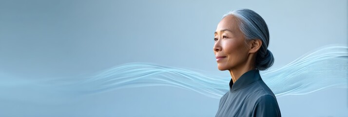 Elegant senior woman with gray hair. Styled in a bun. Gazes serenely into the distance. With flowing lines of light representing the smooth and seamless integration of ai technology into her life