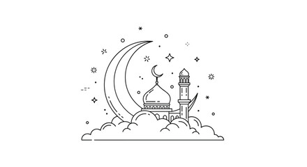 Elegant islamic mosque silhouette against a crescent moon and starry night sky vector illustration