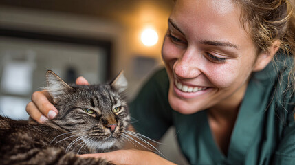 Compassionate veterinarian petting relaxed cat during medical examination, highlighting professional care and animal-human connection in clinical environment
