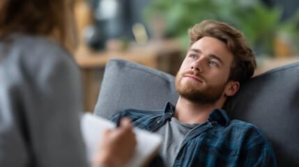Caucasian young adult man lying on couch talking to unseen professional during therapy session looking upward with thoughtful expression therapist holding notebook in foreground