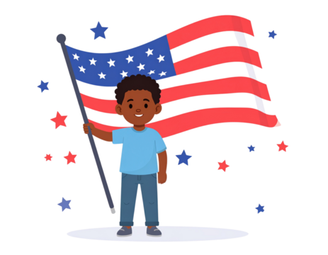 Flat Vector Child Character Waving Flag with Stars Around, Minimal Celebration Icon, isolated on transparent background PNG