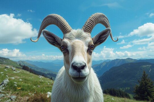 Detailed close-up of a wild mountain goat's face with prominent curved horns